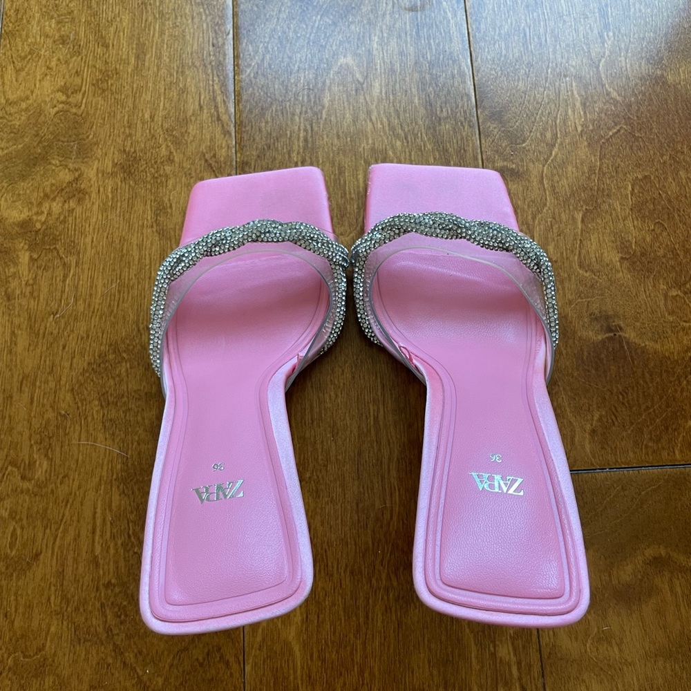 Zara Rhinestone Vinyl Heeled Pink Shoes